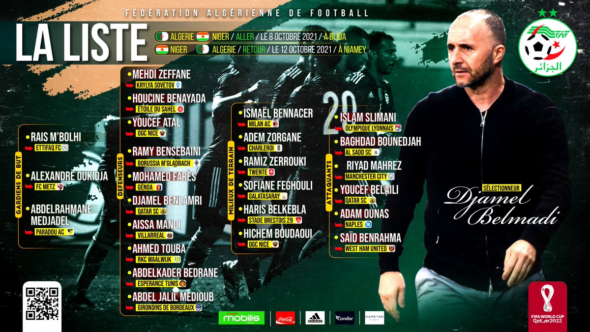 LesVerts's tweet photo. تصفيات كأس العالم -قطر 2022 🏆 
قائمة 2️⃣5️⃣ لاعب للمواجهة المزدوجة أمام منتخب النيجر في إطار الجولتين الثالثة والرابعة.
#LesVerts⭐️⭐️ #TeamDZ🇩🇿 
#123VivaLAlgerie #LesFennecs #WorldCupQatar2022 https://t.co/j5PQq6kPTp