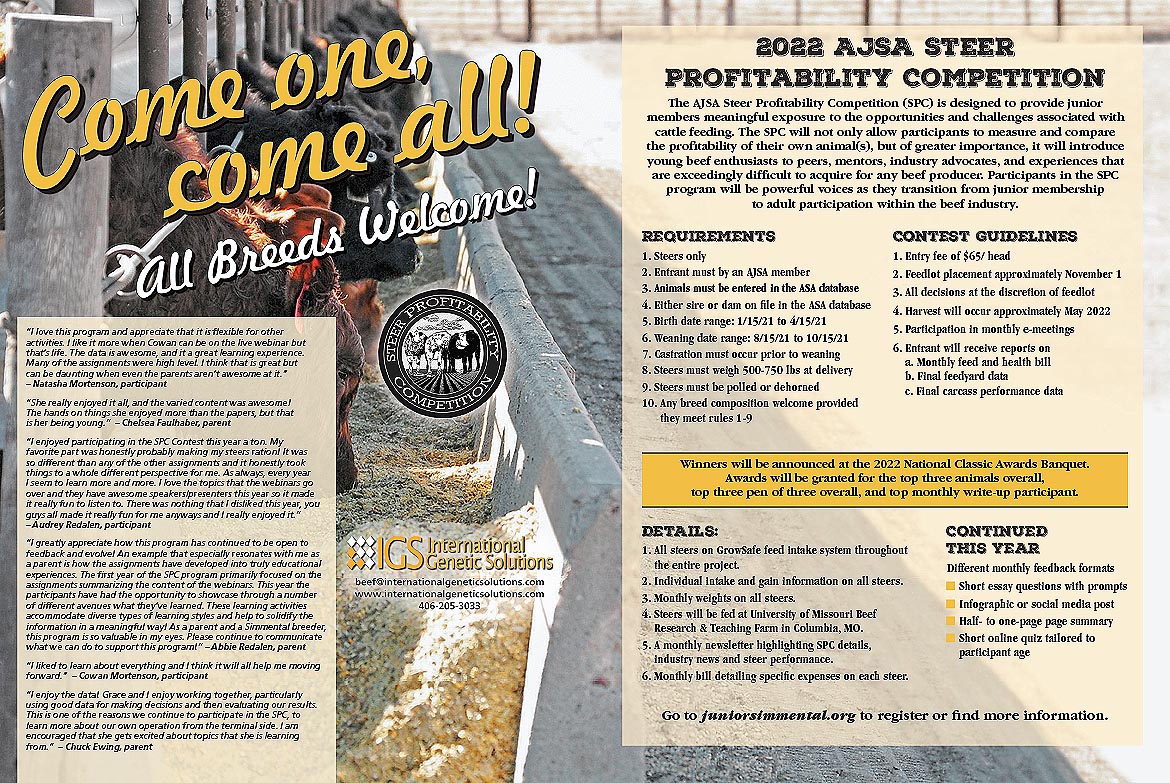 Steer Profitability Competition Registration Now Open.
Join us for the SPC informational webinar on October 12, 2021, at 6:00 PM Mountain. Visit the International Genetic Solution website to register for the informational webinar and the competition.