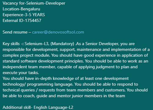 denovosoftsol's tweet photo. #denovojobs #denovo
Vacancy for-Selenium-Developer
Location-Bengaluru
Experience-3-5 YEARS
External ID-1754457

Send resume – career@denovosoftsol.com
#selenium #SOAtesting #groovyscripting #dataanalyst #developer #testengineer #seleniumjobs #dataanalyst #developer https://t.co/tKHeLkjv4y