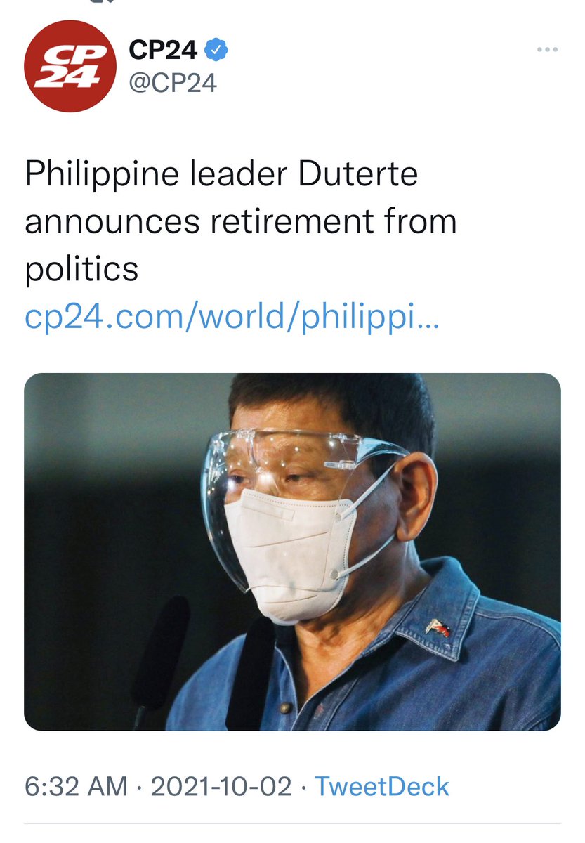 TishaCM's tweet photo. Duterte’s retirement is headline all over the world. Never in recent years have we seen such interest in PH politics. He brought PH back in global awareness.

It’s bittersweet.The Presidency is the culmination of his lifelong service to the country. For that, we are all grateful. https://t.co/aY7idT949t