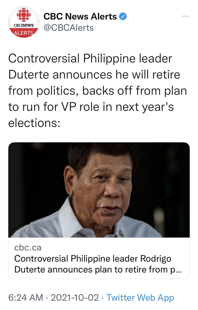 TishaCM's tweet photo. Duterte’s retirement is headline all over the world. Never in recent years have we seen such interest in PH politics. He brought PH back in global awareness.

It’s bittersweet.The Presidency is the culmination of his lifelong service to the country. For that, we are all grateful. https://t.co/aY7idT949t