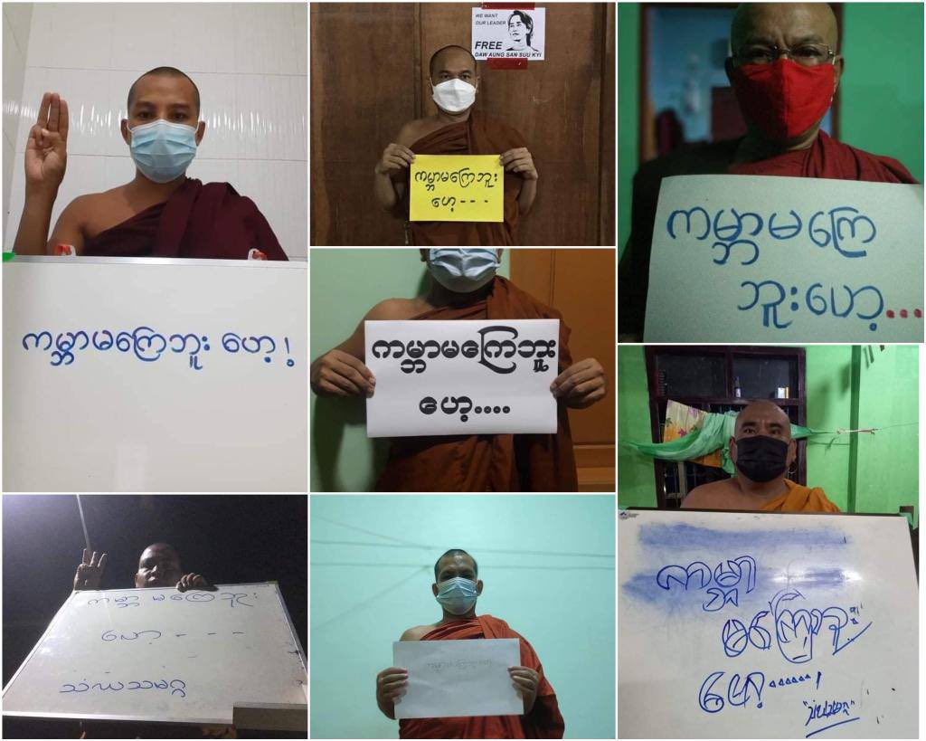 MthinnSpring's tweet photo. Despite the monks being abducted inhumanely this afternoon, the #Mandalay Sangha Union held a night protest. #TortureToDeathByJunta #Oct2Coup #WhatsHappeningInMyanmar https://t.co/LWMq5aa0Gy