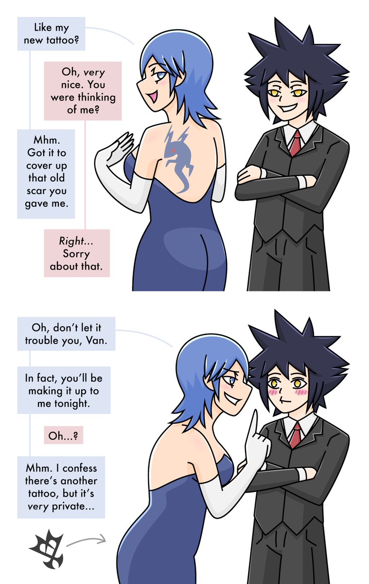 VengeVerse's tweet photo. 210826 #Vanitas #Aqua #Vanqua #KingdomHearts
AU where Aqua gets an Unversed symbol tattoo. Where exactly? You decide. ;)
"The obvious answer is her ass, but she could probably have something really artistic done incorporating the sigil and the scar he gave her on her back." -Anon https://t.co/5AnWBNFI11