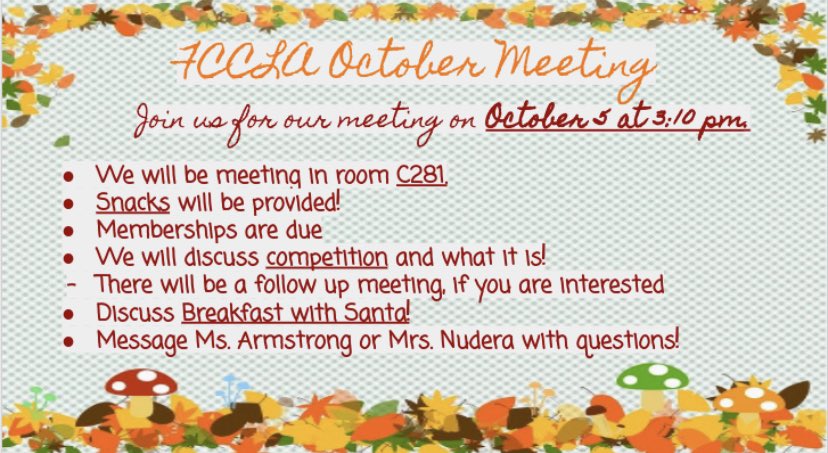 Come join FCCLA for our October meeting on Tuesday!