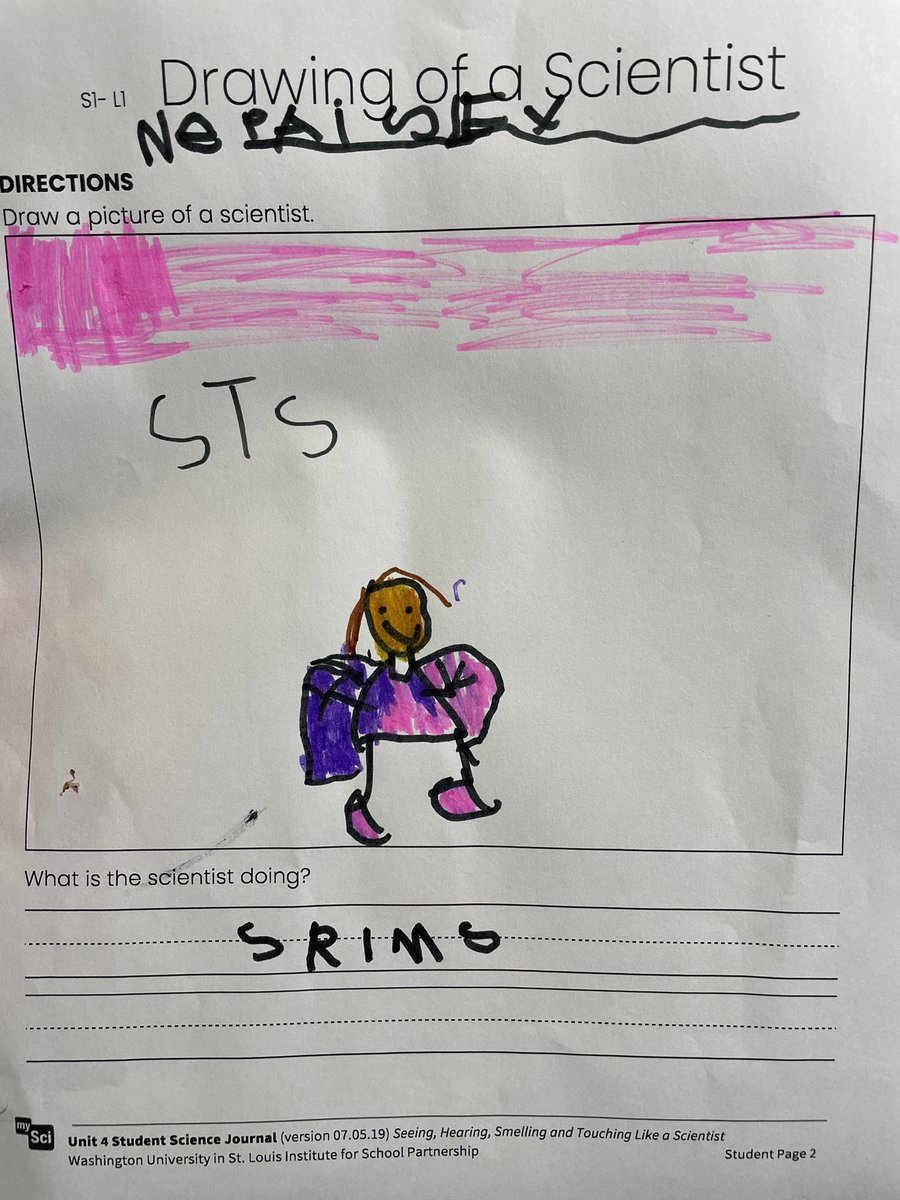 MuellerFairway's tweet photo. My kindergarten daughter brought this home. This is how she views scientists: it’s a girl with a pink and purple lab coat doing “srims” (experiments).  This is powerful.  We need more females to view themselves in these roles. #girlsinscience #girlpower @rsdk5science https://t.co/fvNT0JE0R1