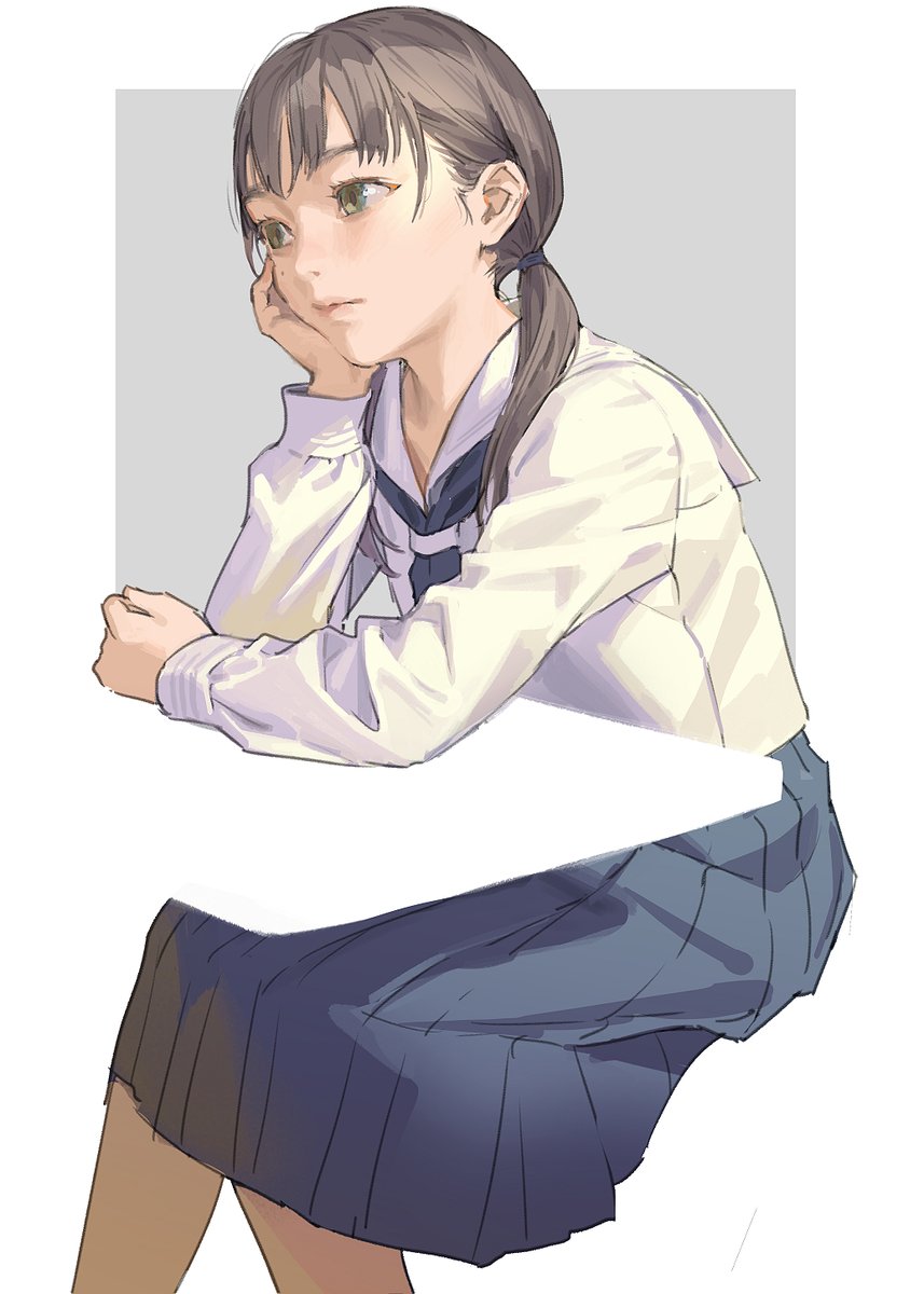 1girl solo skirt school uniform serafuku white background brown hair  illustration images