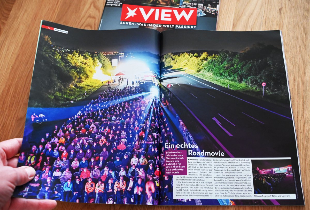 Ich bin baff, nach einer Doppelseite im Stern vom 09.09.2021 nun eine Doppelseite in der aktuellen Ausgabe des VIEW Magazin vom 02.10.2021 mit meinem dpa Foto vom Open Air Kino auf der Autobahn A8. Großartig! 
dpafoto#autobahn#kino#openairkino#doppelseite#viewmagazin#print#