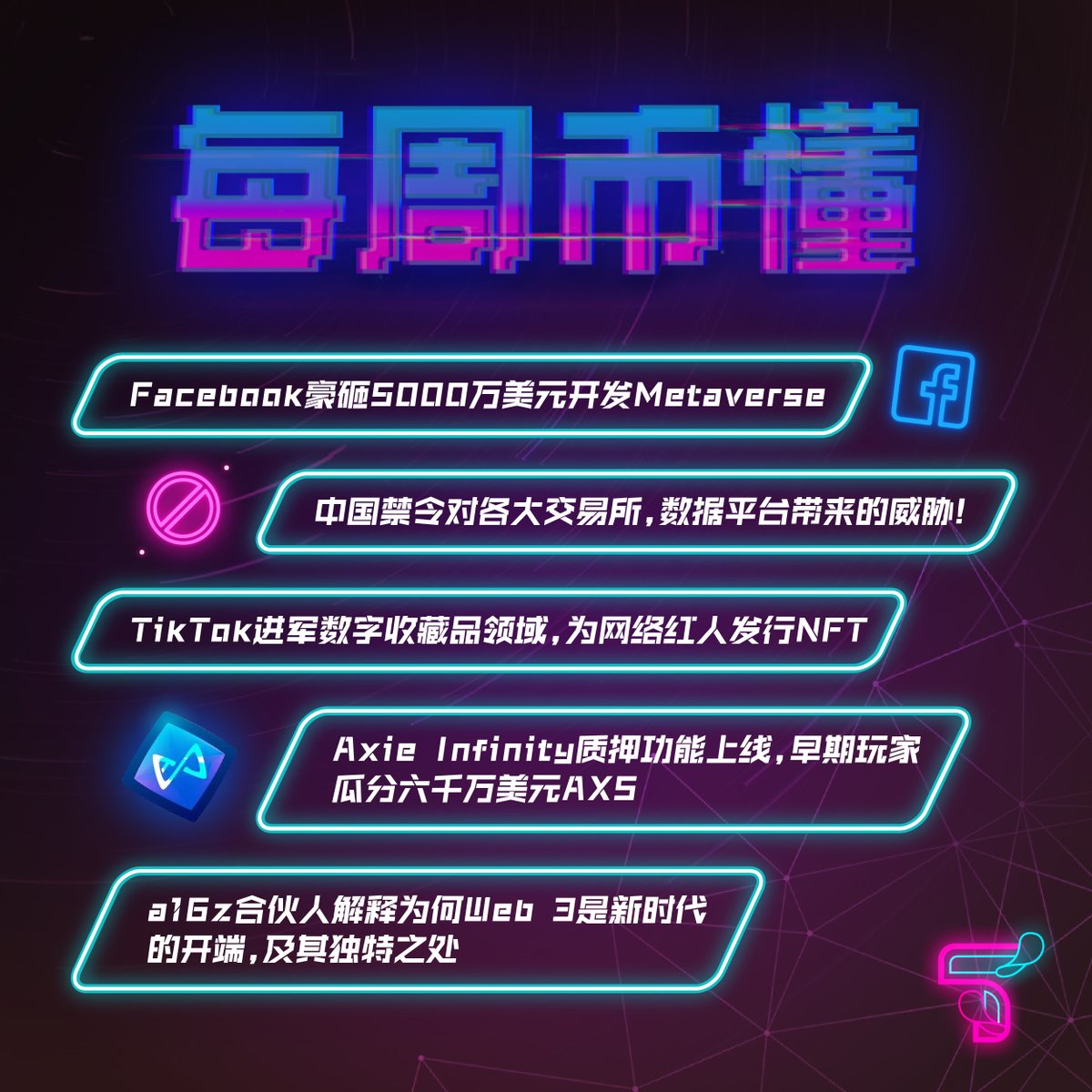 talkchain_today's tweet photo. 每周币懂 News - 追踪币圈你不知道的事
🔸Facebook 豪砸 5000 万美元开发 Metaverse
🔸中国禁令对各大交易所,数据平台带来的威胁
🔸TikTok 进军数字收藏品领域,为网络红人发行 NFT
#crypto #cryptocurrency #blockchain #blockchainnews #新闻焦点 #talkchain #每周币懂 #defi https://t.co/OM5HP6nuuT