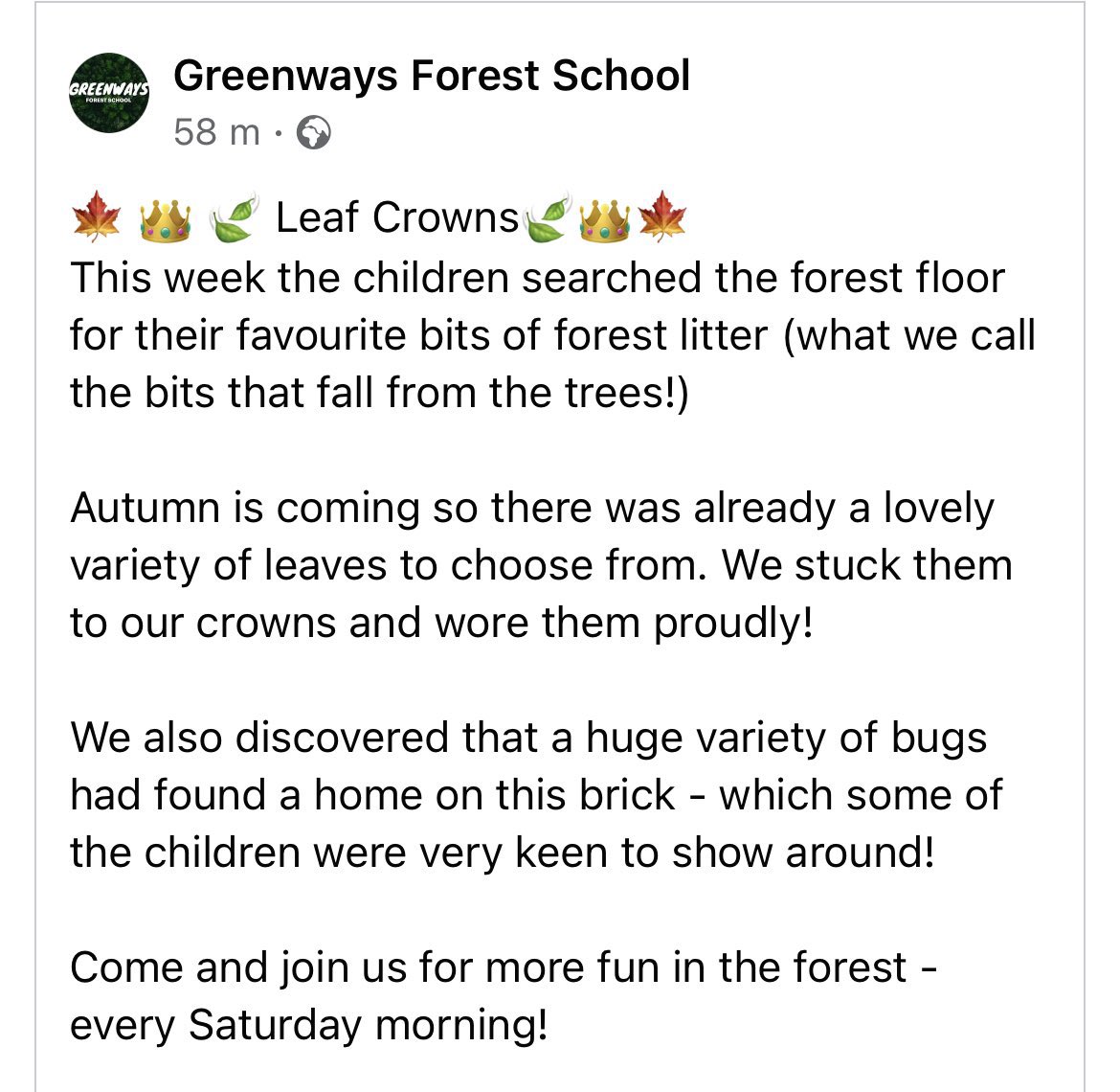 AWeltch's tweet photo. My son @weltch35 runs Greenways #forestschool every Saturday in Hackney.
Please share if you know parents in the area who might be interested.
https://t.co/LZIZbZ0r6R
#hackney #hackneyparents #outdoors #kidsoutdoors #forestschools #leafcrowns https://t.co/ExvxQjTZGc