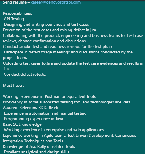 denovosoftsol's tweet photo. #denovojobs #denovo
Vacancy for-SOA Testing-Lead
Location-Bengaluru
Experience-5-8 YEARS
External ID-1761294

Send resume – career@denovosoftsol.com
#SOAtesting #APItesting #Jira #SOATestingLead #testautomation #dataanalyst #developer #testengineer #ServiceOrientedArchitecture https://t.co/jAtXi4srxM