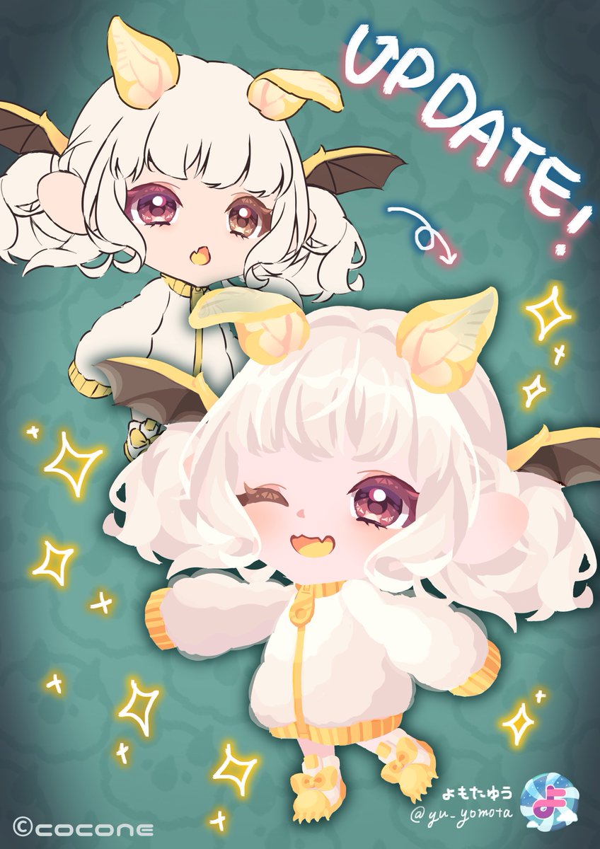 1girl chibi white hair horns one eye closed wings open mouth  illustration images