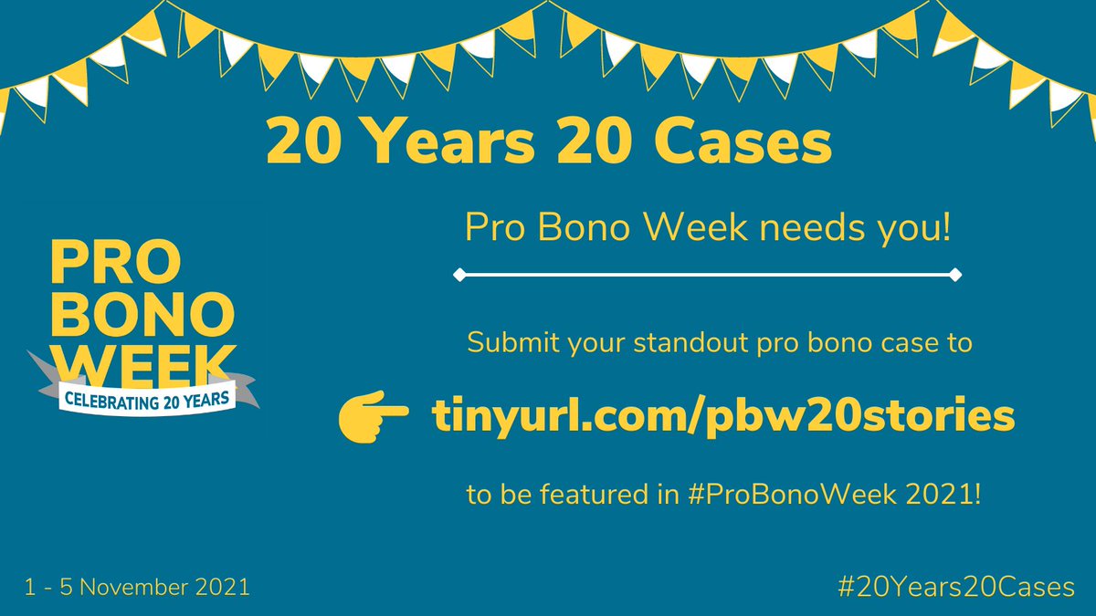 Last call for cases!

Thank you everyone who has already submitted a #ProBono case to us 🙏

There's still time for a chance to be featured in #ProBonoWeek - submit your story to tinyurl.com/pbw20stories by 10am Monday 4th October.

Every case matters.

#WeDoProBono #CallForCases