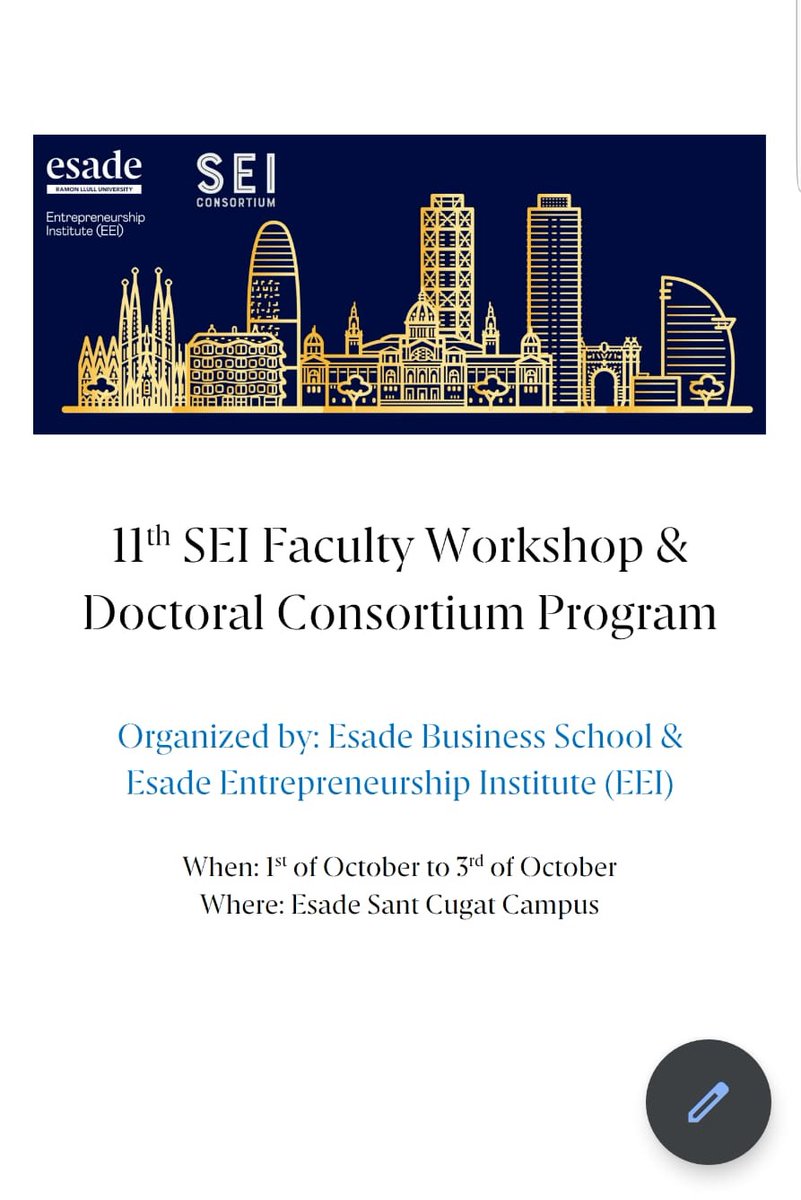 Back to research, and being inspired by the presentations during the SEI faculty &amp; doctoral workshop hosted by #Esade and the #EsadeEntrepreneurshipInstitute.

Great to see the diversity of research and how many PHDs looking at innovation and social issues in management.