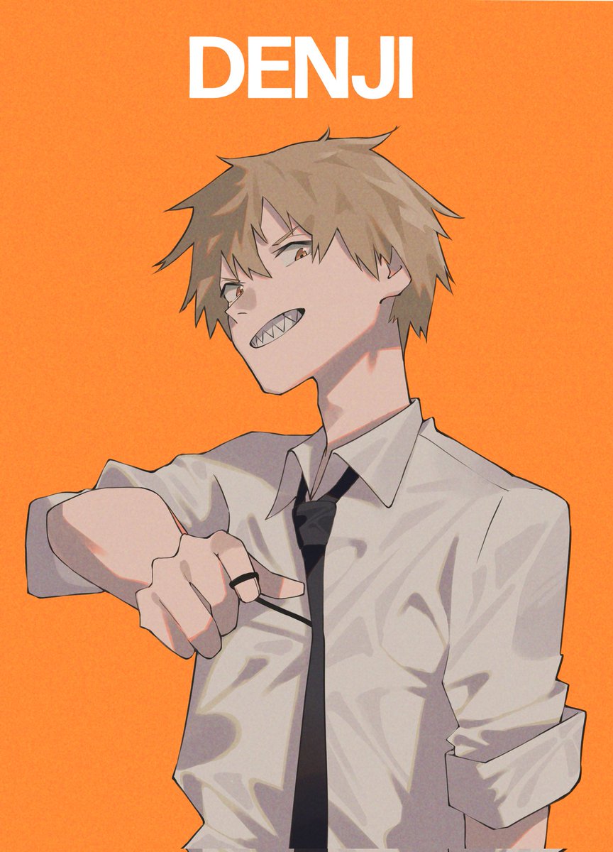 denji (chainsaw man) 1boy sharp teeth necktie teeth black necktie orange background solo  illustration images