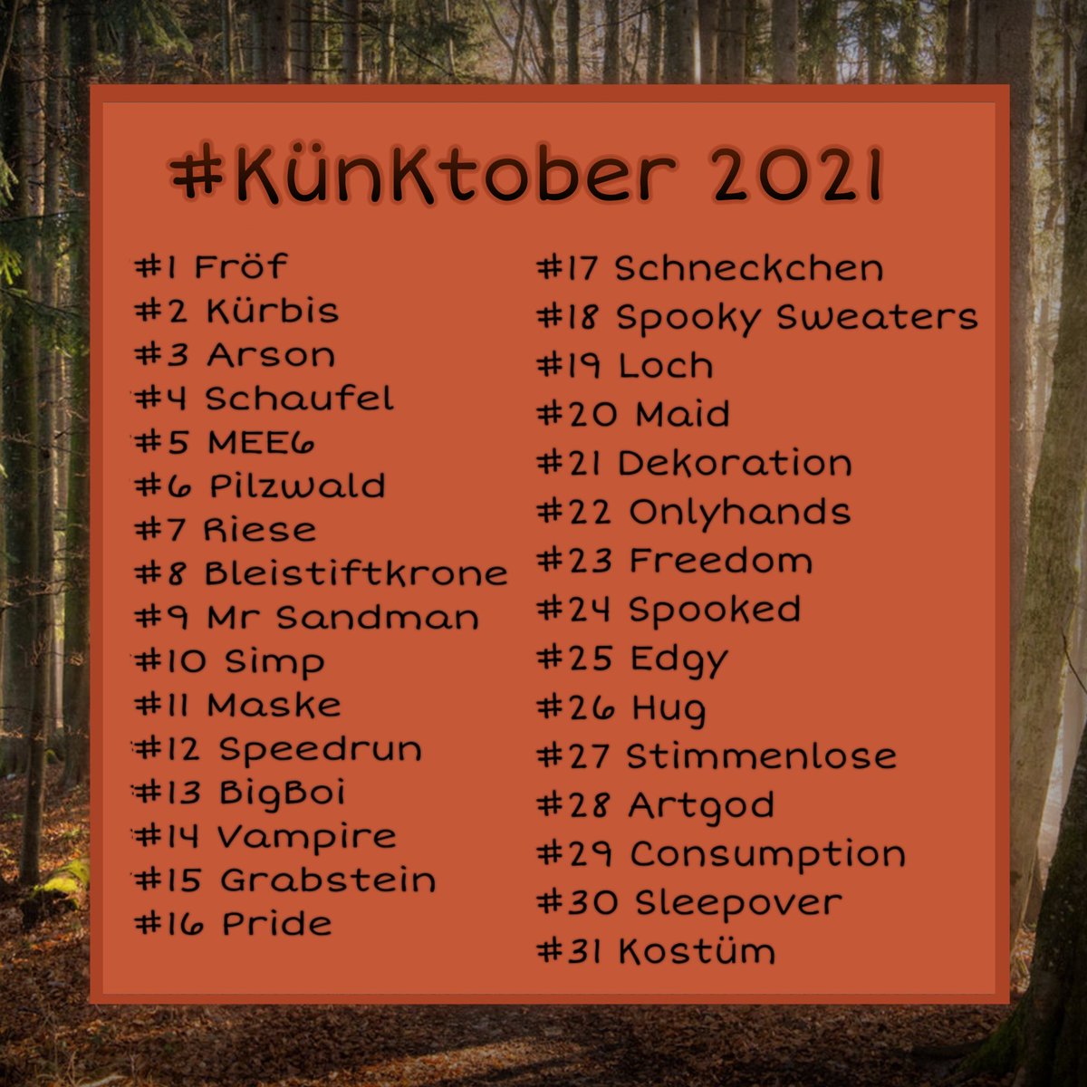 kat_qwq's tweet photo. Ich hab eine #KünKtober2021 prompt Liste gemacht :D 
Wer will darf gerne mitmachen und seine doodles unter dem Hashtag teilen 👉👈💞 https://t.co/6AM5hvyJ5i