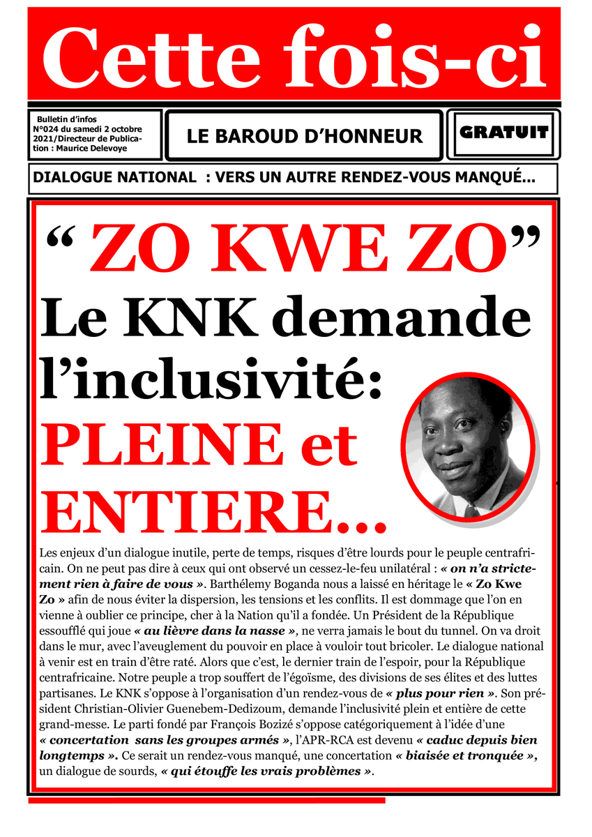 CiBaroud's tweet photo. La Une du journal "Cette Fois-ci " N°024 du samedi 02 octobre 2021... https://t.co/5GsVFv2QLi