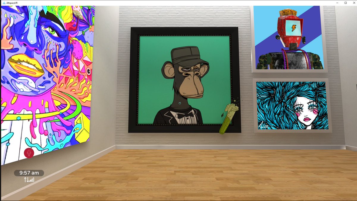cryptop0p's tweet photo. NFT collection on display as art in the @fineartpop VR Gallery on @AltspaceVR (Code VYK448) #nfts #nftgallery #nftcollector #fineartpop #BoredApeYachtClub #sabet #afrodroids #dariodesiena https://t.co/teMbahgVwx