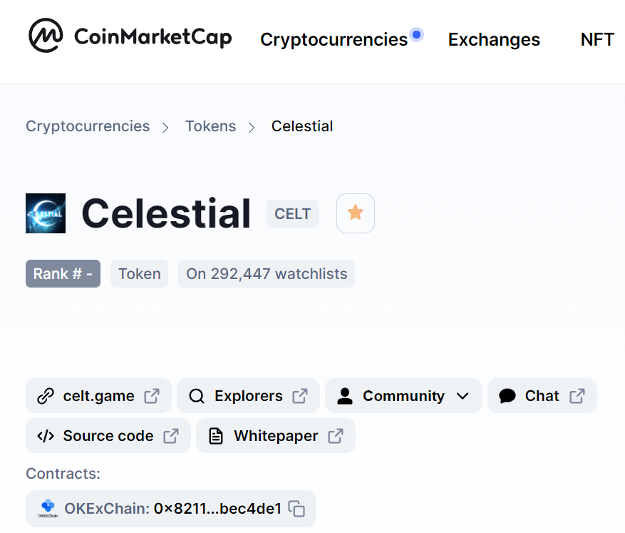 GameCelt's tweet photo. 📢📢We now on @CoinMarketCap, with almost 300k watchlists. We are on fire🔥🔥

#Celestial #OKEx #Metaverse #GameFi #NFT
@OKEx @OKExChain @OecNews_ https://t.co/Xmxyl9rB0S