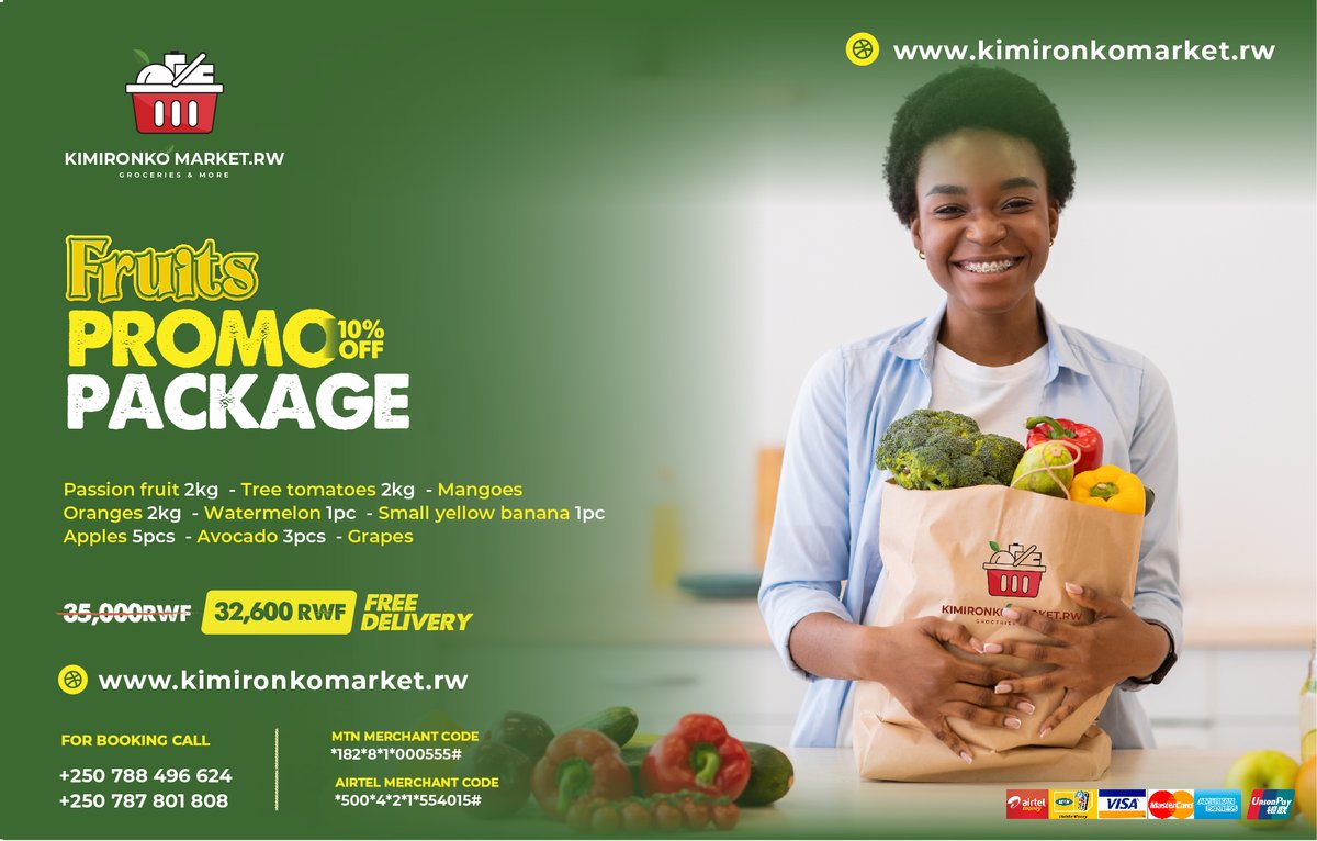 Hello beautiful people, Here is your your special FRUITS Promo Package for you. Grab your your own on a Great DISCOUNT , FREE DELIVERY only on kimironkomarket.rw. shop more spend less!  

Click here 👇🏽
 kimironkomarket.rw/product/fruits…