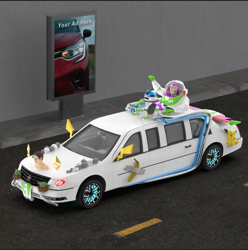 NiftyLimos's tweet photo. @pranksy @larvalabs @BoredApeYC @AxieInfinity we are making 5 1/1 Limos in our 10K collection celebrating 5 influential artists/people in NFT space with traits inspired by their works. want to try your luck for minting one of them? here is a sneek peek of beeple limo! https://t.co/nOyWK07A4s