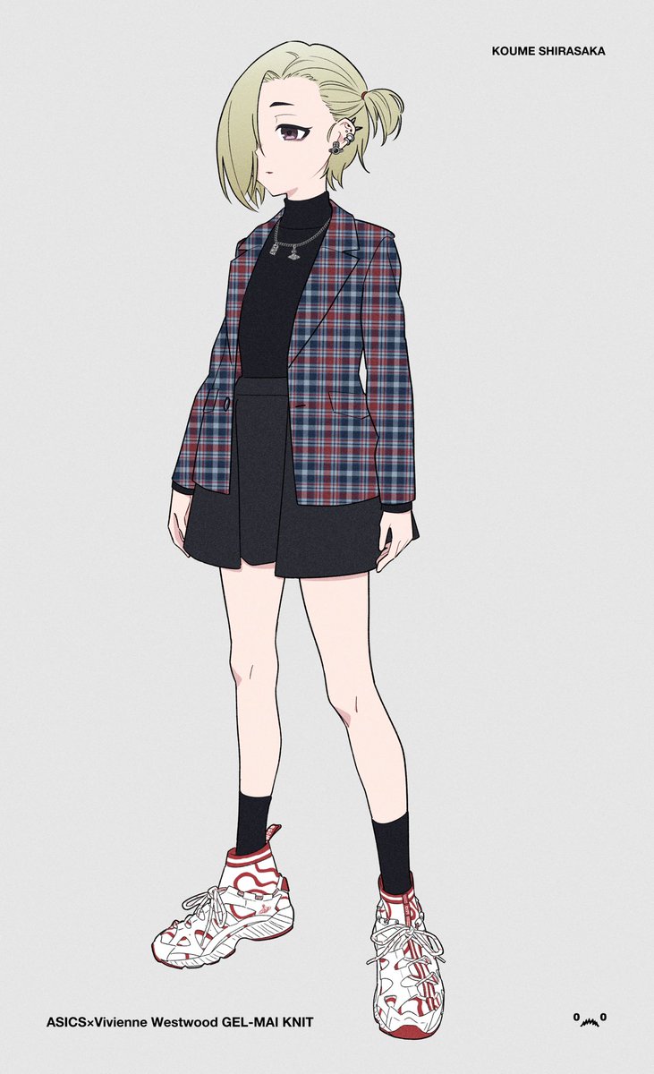 1girl solo fashion plaid jacket sneakers jewelry full body  illustration images