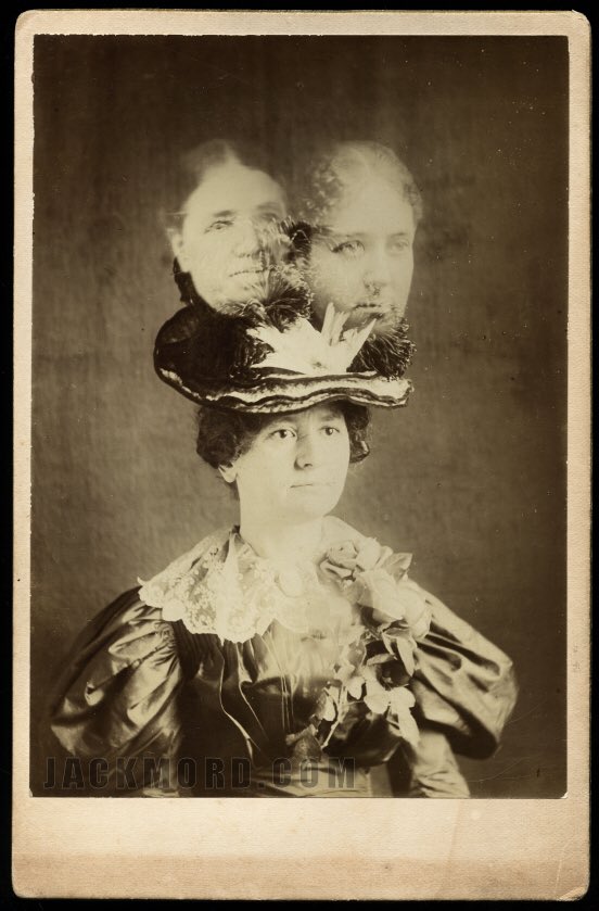 ThanatosArchive's tweet photo. Two ghosts hitching a ride on this lady’s fancy hat… #GhostHat (1890s). https://t.co/ZoJswYORoB
