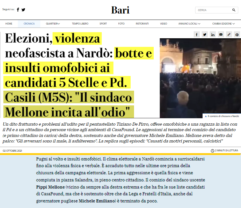 Siamo vicini al candidato del #M5S, Tiziano De Pirro vittima ieri di una brutale aggressione a #Nardò.
Leggi >> facebook.com/14547353881606…
#Puglia