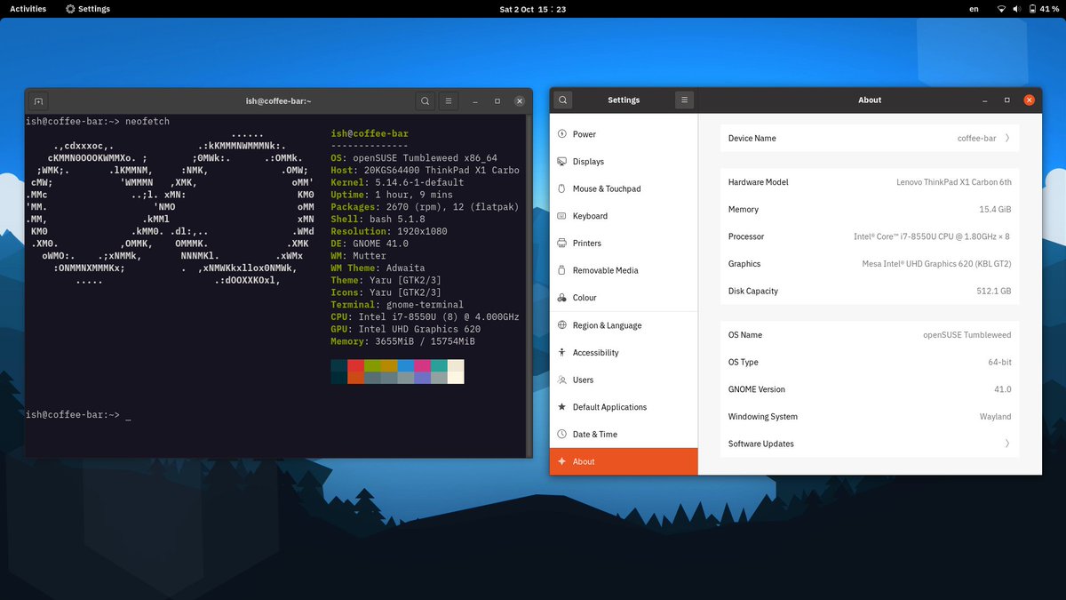 Yeeeees!

It's here. GNOME 41 has landed in #openSUSE Tumbleweed. Thank you folks at <a href="/gnome/">GNOME</a> &amp; <a href="/openSUSE/">openSUSE Linux</a>. 🙏 😌