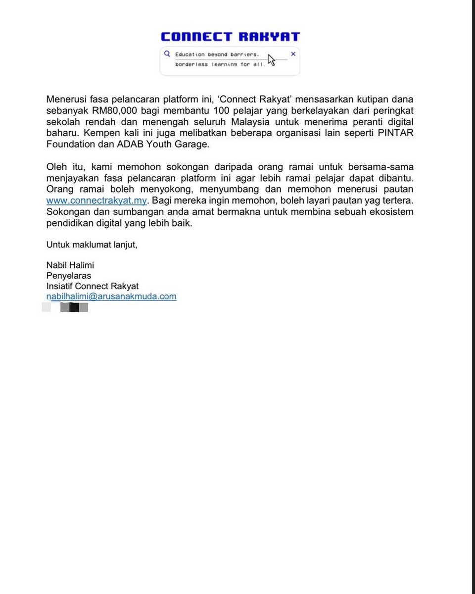 ConnectRakyat's tweet photo. MEDIA STATEMENT

2nd October 2021 : ‘Connect Rakyat A Youth Initiative To Help Students Affected By The Digital Divide Launched. 

KENYATAAN MEDIA

2 Oktober 2021 : ‘Connect Rakyat’ Inisiatif Anak Muda Bantu Pelajar Tiada Peranti Digital Dilancarkan. https://t.co/LDzIxGKDei
