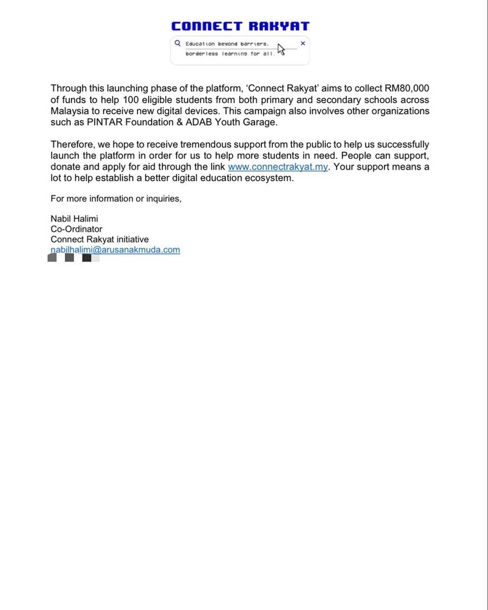 ConnectRakyat's tweet photo. MEDIA STATEMENT

2nd October 2021 : ‘Connect Rakyat A Youth Initiative To Help Students Affected By The Digital Divide Launched. 

KENYATAAN MEDIA

2 Oktober 2021 : ‘Connect Rakyat’ Inisiatif Anak Muda Bantu Pelajar Tiada Peranti Digital Dilancarkan. https://t.co/LDzIxGKDei