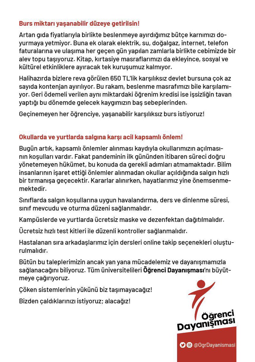 📣 Öğrenciye burs, barınma, sağlık!

Binbir zorlukla geldiğimiz üniversitelerde; niteliksiz, düşük kapasiteli, üniversitelere uzak yurtların yanı sıra alıp başını giden kira fiyatları ile karşılaşıyoruz.

Taleplerimiz net, nitelikli yurt ve kira desteği istiyoruz.
#BARINAMIYORUZ