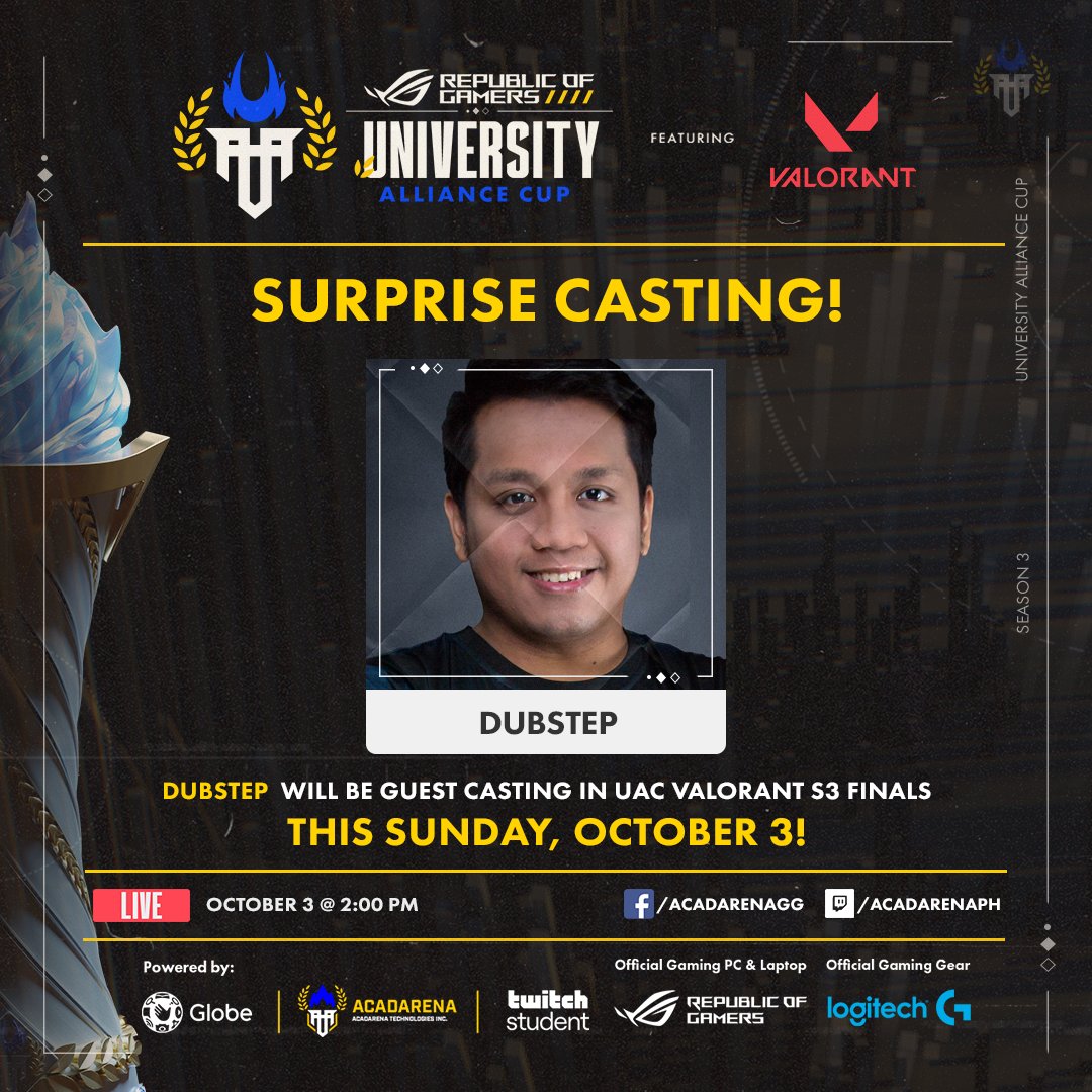 acadarena's tweet photo. 🔥 The Secret's out! 🧐

@Secret_DubsteP will be our Guest Shoutcatser for the Grand Finals of the University Alliance Cup S3 Valorant tomorrow; Sunday, October 3 from 2:00 PM onwards!

#VAwin 💚 #FITwin

#NotJustPlay #AllForOne 🔥 https://t.co/fsJkEPhgcN