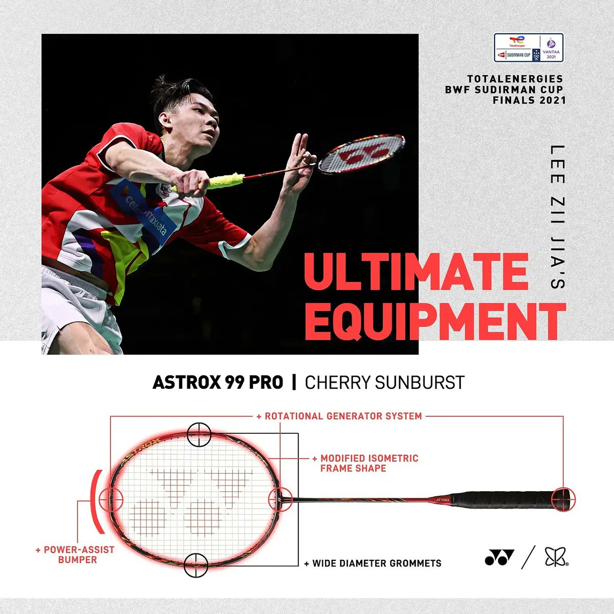 Sunriseclick's tweet photo. Team Malaysia Men' Singles player Lee Zii Jia gave a tough fight to the opponent at the quarterfinals of Sudirmancup 2021 to enter the Semi-finals with a roar.
Lee's ultimate weapon choice 👇
Astrox99 Pro - Cherry Sunburst
#sudirmancup2021
#astrox99pro https://t.co/Kibxzr8N6j