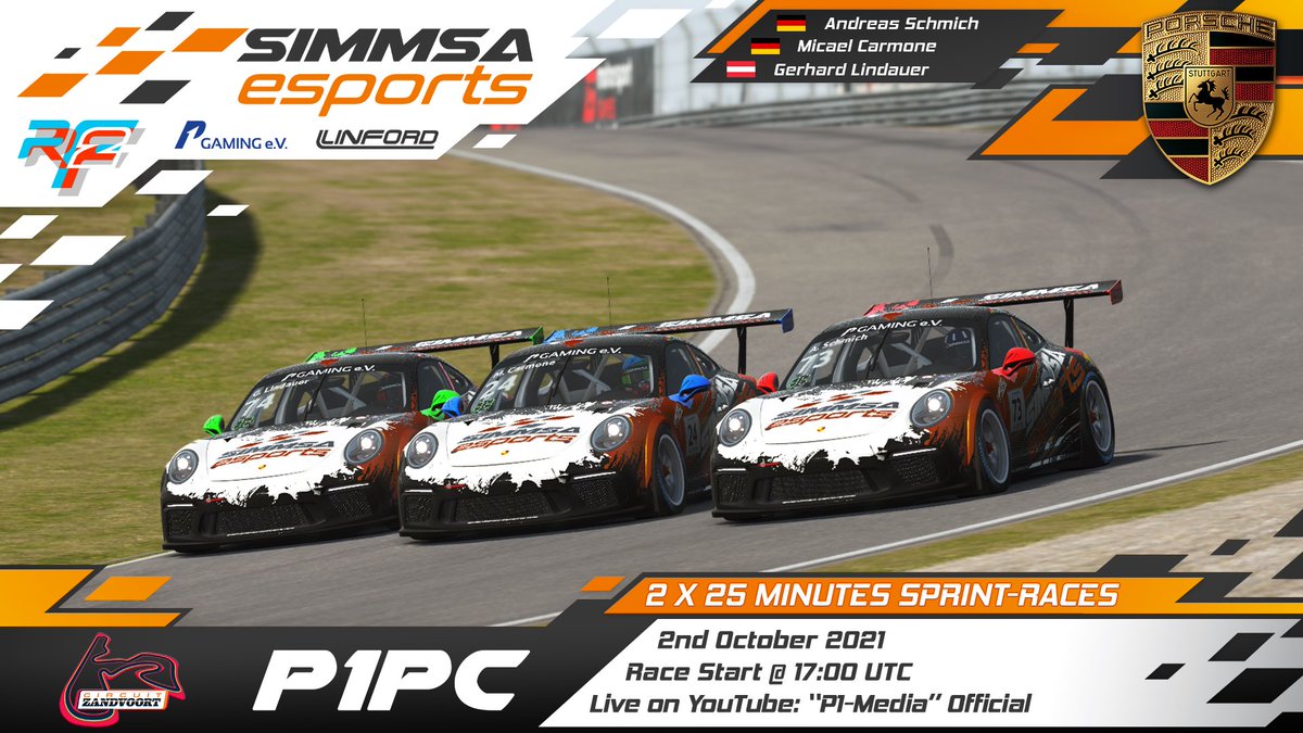 SIMMSA_Esports's tweet photo. We are sending our rFactor 2 drivers to Zandvoort ๐ณ๐ฑ for Round 2 of the P1PC championship.
Racing in our 3x Porsche 911 GT3 Cup (991) cars ๐ช๐ป
#73, Andreas Schmich ๐ฉ๐ช
#74, Gerhard Lindauer ๐ฆ๐น
#24, Micael Carmone ๐ฉ๐ช
#LinfordMotorsport #rF2 #rFactor2 #P1PC #GLDesigns #esports https://t.co/YOYOacRZUy