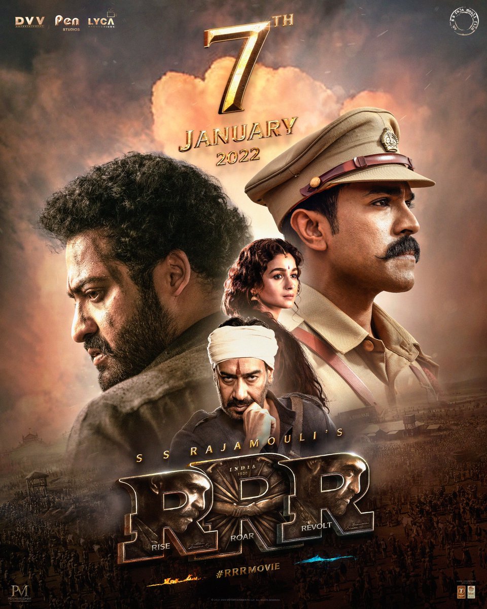 Experience India’s Biggest Action Drama, #RRRMovie in theatres worldwide on 7th Jan 2022. 🤟🏻

#RRROnJan7th 💥💥

An @ssrajamouli Film. 

@tarak9999 @AlwaysRamCharan @ajaydevgn @aliaa08 @oliviamorris891 @RRRMovie @DVVMovies @PenMovies @jayantilalgada @LycaProductions