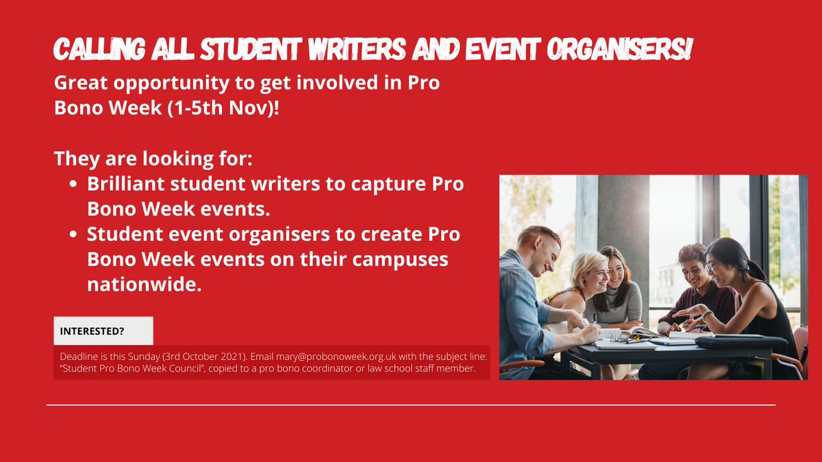 Great opportunity for students to join the Student Pro Bono Week Council and get involved with #ProBonoWeek. Managed by their own Chair, the Council will liaise with the Pro Bono Week Committee to create events on their campuses focusing on Pro Bono Week themes. Deadline 3/10!