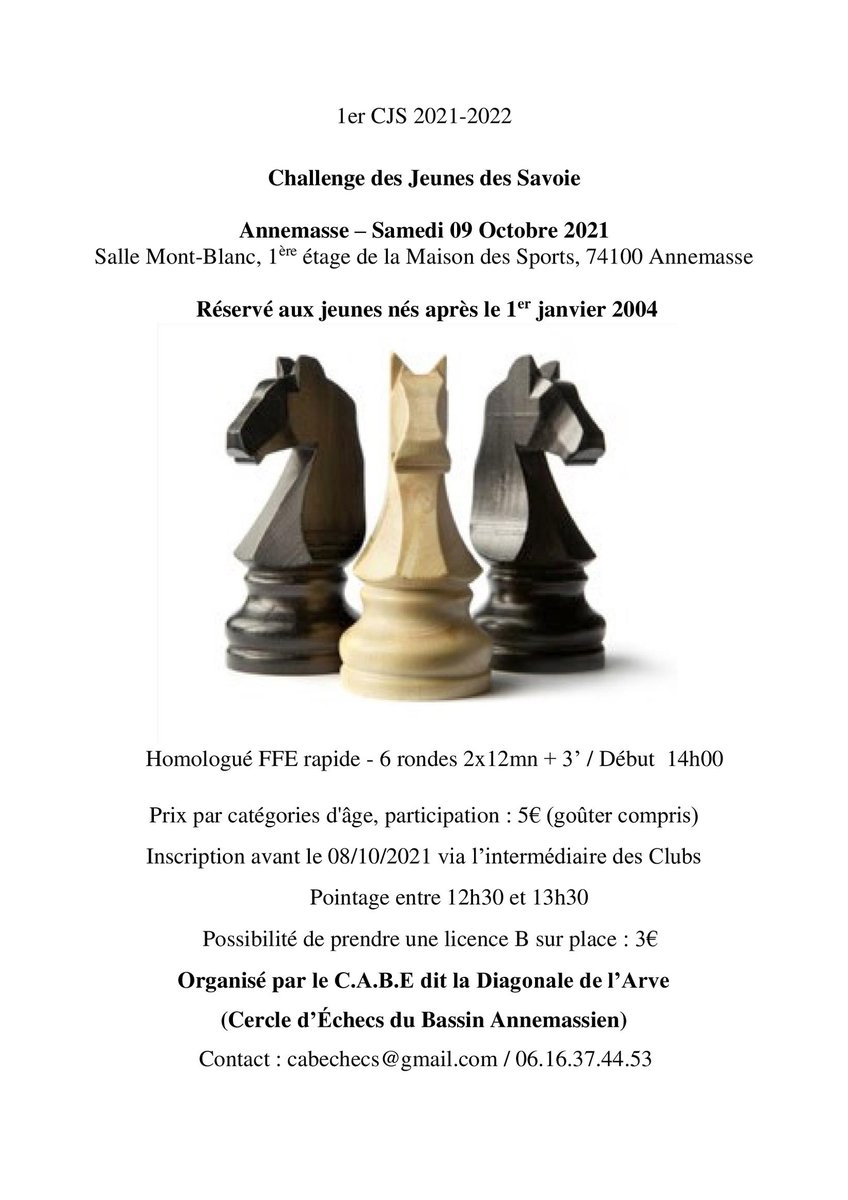 CabeEchecs's tweet image. Inscriptions auprès de Philippe DETRAZ sur cabechecs@gmail.com
Un rendez-vous Échecs important pour nos jeunes !