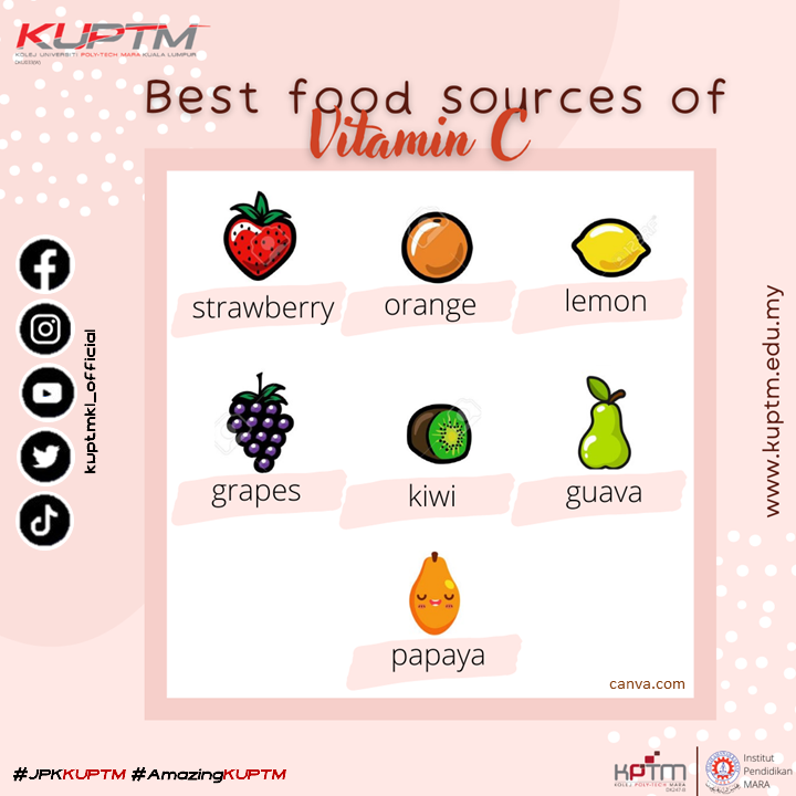 uptm_official's tweet photo. BEST FOOD SOURCES OF VITAMIN C
~~~~~~~~~~~~~~~~~~~~~~~~
♡ Strawberry
♡ Orange
♡ Lemon
♡ Grapes
♡ Kiwi
♡ Guava
♡ Papaya
#tipsdiet #tipskesihatan #kuptm #kuptmkl_official #kptm #amazingkuptm #jpkkuptm https://t.co/9mZbZYcZ2n