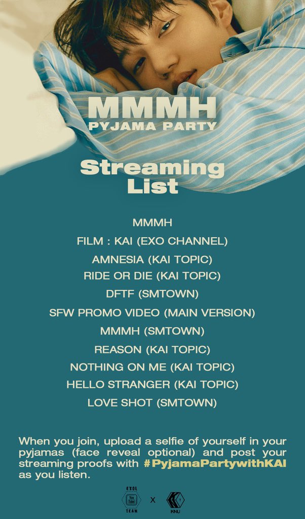 KaiNationUnion_'s tweet photo. [📣] It's time to start round #4 and our last two hours streaming party ‼️

EXO-Ls and Erigoms join us now on YouTube searching MVs, watch without skipping and share your streaming screenshots on twitter + #PyjamaPartyWithKAI 

200 reply / Quote 🔥 https://t.co/dke1sqFmBg