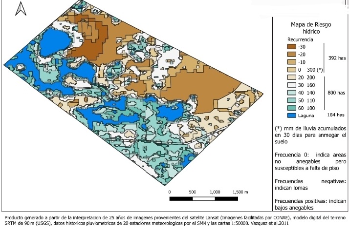 Mapa de riesgo hidríco hecho con QGis y las imágenes disponibles en la web de GeoInta, buenas herramientas para tener una idea de los campos
