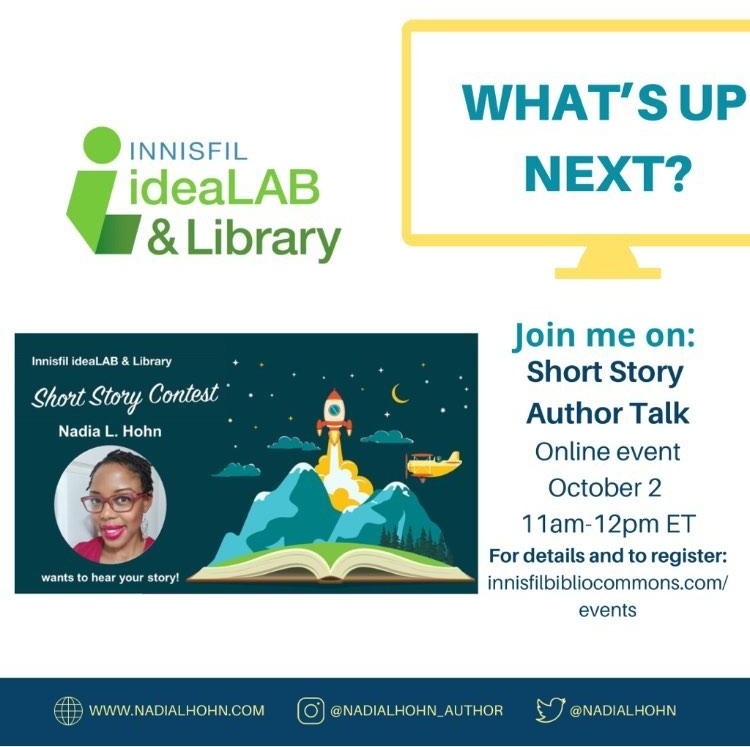nadialhohn's tweet photo. Join me TODAY for the @InnisfilideaLAB Short Story #Contest Author Talk 11am - 12pm ET. This event takes place online. To register & for details: https://t.co/13f0S1Tgti. #innisfilidealab #innisfilidealadandlibrary @townofinnisfil @InnisfilToday @CaribbeanTalawa @GroundwoodBooks https://t.co/VJitY0f6MN
