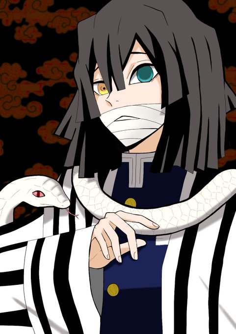 sakimoらくがきチャンネルさんがTwitterに投稿した伊黒小芭内(鬼滅の刃)のイラスト。