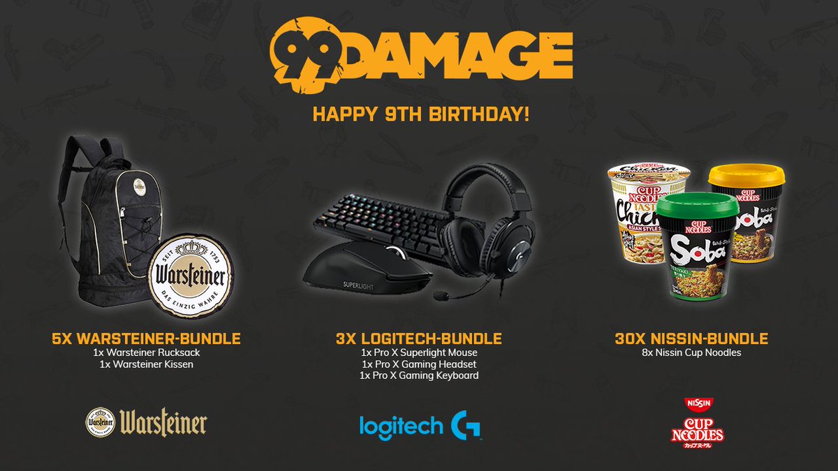 99Damage (@99damagede) on Twitter photo ᵂᴱᴿᴮᵁᴺᴳ
Neun Jahre 99Damage! 🎉🥳
Zur Feier unseres Geburtstages verlosen wir mit unseren Partnern <a href="/Warsteiner_gg/">Warsteiner_gg</a>, <a href="/LogitechGDE/">Logitech G DE 🇩🇪 🇦🇹 🇨🇭</a> und Nissin Cup Noodles ein paar tolle Preise an euch! 🙌
Hier könnt ihr teilnehmen: bit.ly/9Jahre99DMG
Viel Glück an alle Teilnehmer! 🍀 ᵂᴱᴿᴮᵁᴺᴳ
Neun Jahre 99Damage! 🎉🥳
Zur Feier unseres Geburtstages verlosen wir mit unseren Partnern <a href="/Warsteiner_gg/">Warsteiner_gg</a>, <a href="/LogitechGDE/">Logitech G DE 🇩🇪 🇦🇹 🇨🇭</a> und Nissin Cup Noodles ein paar tolle Preise an euch! 🙌
Hier könnt ihr teilnehmen: bit.ly/9Jahre99DMG
Viel Glück an alle Teilnehmer! 🍀