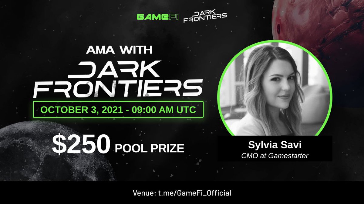 GameFi_Official's tweet photo. 🚀Save the date! AMA with @DarkFrontiersGS $DARK is right around the corner        

📅Time:9:00 am UTC, Oct 3
🧧Reward: $250 pool prize

Rules:
🔸Follow @GameFi_Official &amp; @DarkFrontiersGS
🔸Like &amp; Retweet &amp; drop ONE question  
🔸Join https://t.co/VcoCPMaWS0

 $GAFI #GameFi https://t.co/lxHwq9TCfO