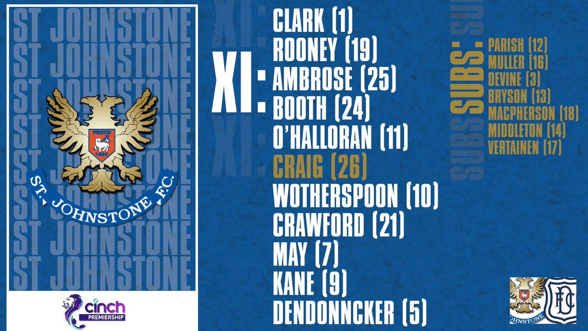stjohnstone1884's tweet photo. A debut for Lars Dendoncker, who likely joins Rooney and Ambrose in back three. Strike pairing in May and Kane. A record-breaking 442nd appearance for Liam Craig. Welcome return to bench for Bryson, joined for first time by MacPherson. https://t.co/PFYPiHUJHa