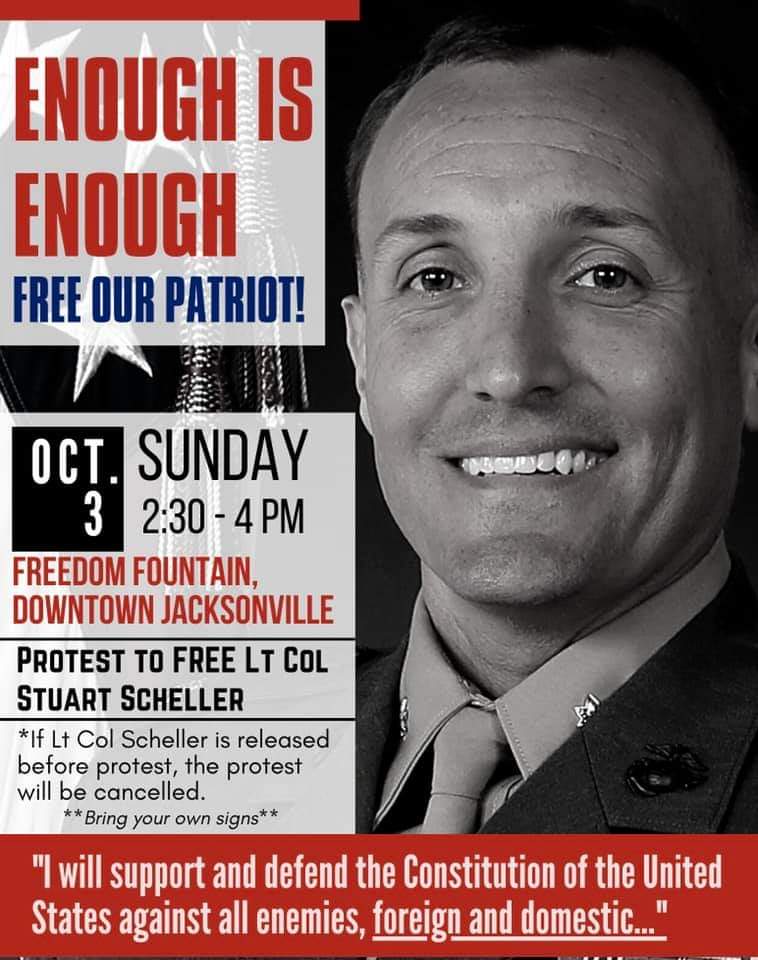 MicheleNixNC's tweet photo. @mtgreenee @RobManess protest to #FreeScheller in Jacksonville, NC, home of Camp Lejeune, where he's being held in the brig! 🇺🇲⚖ #usmc https://t.co/THp1RcW2KY