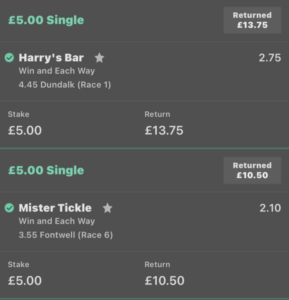 Yesterday’s 2 horse wins 🤑

DM me ASAP to get involved 👍🏻

♦️DM for more details 📩
♦️All bets sent via WhatsApp daily 📲 
♦️Over 18s only 🔞 Gamble Aware ⚠️