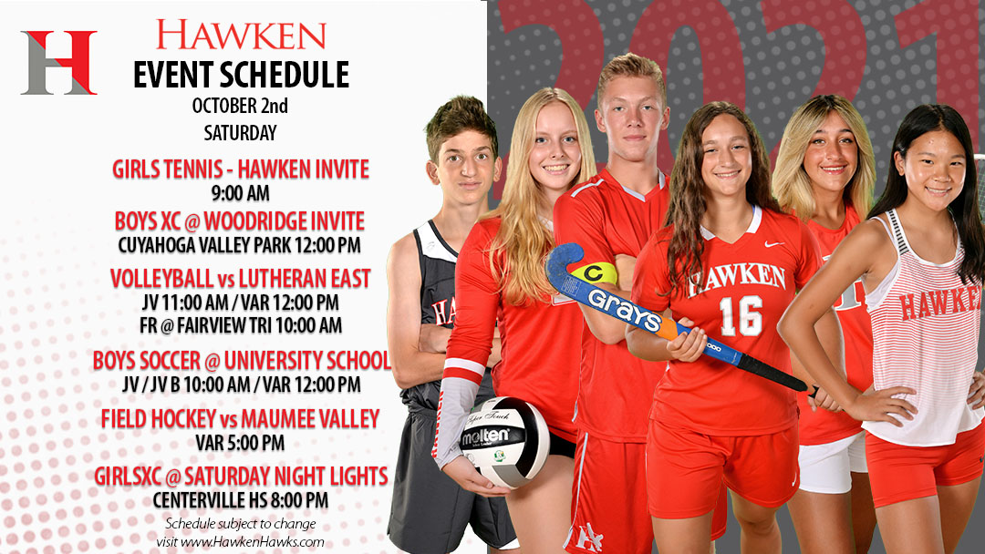 HawkenAthletics's tweet photo. Busy weekend for the Hawks! Good Luck Boys XC, Girls XC, Girls Tennis, Volleyball, Field Hockey &amp; Boys Soccer! #gohawks @HawkenSchool  @Hawken_XC @hawkenaces @Hawkentennis @HawkenSoccer @HawkenFH @hawkenvolleyball @hawkenboyssoccer @hawkenfieldhockey @hawkenboysxc @hawkengirlsxc https://t.co/F3R603Av7N