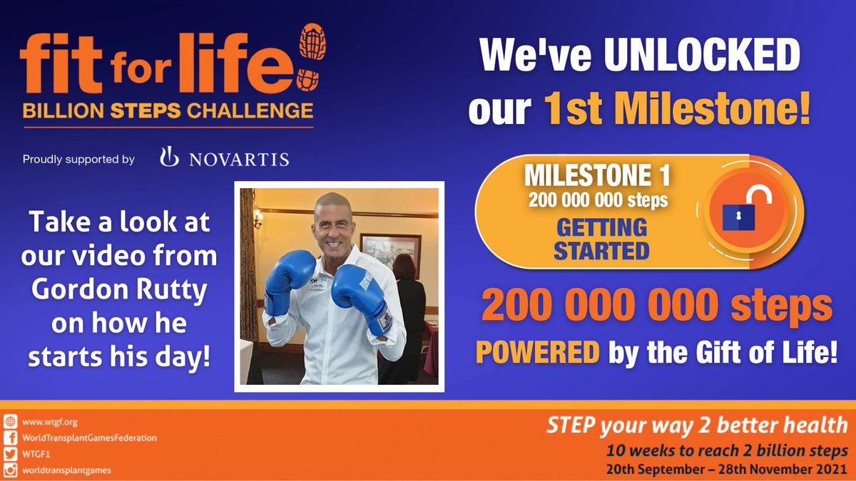 WTGF1's tweet photo. The #billionstepschallenge has reached 200 000 000 steps & unlocked Milestone 1 which is all about 'Getting Started'. Find out how living kidney #donor Gordon Rutty POWERS his day! Watch here: https://t.co/v0Pf1luvB6
#poweredbythegiftoflife #worldtransplantgames #organdonation https://t.co/lBqHKtbmZc