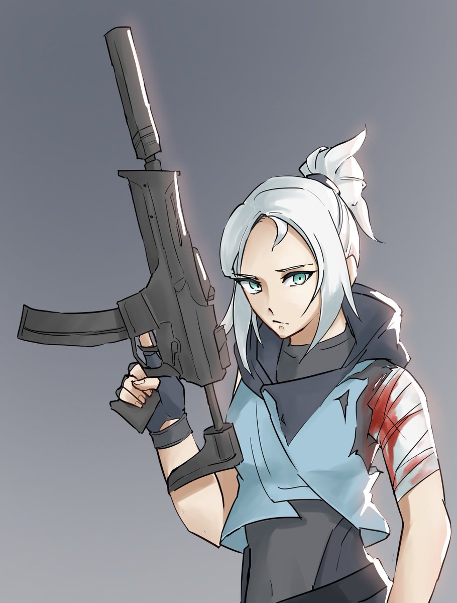 1girl weapon gun solo blood sleeveless jacket assault rifle  illustration images